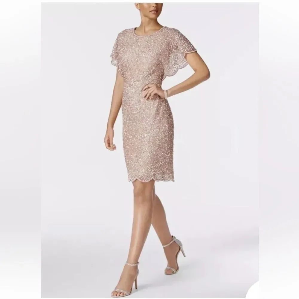 Adrianna Papell Rose Gold Pearl Sequin Flutter Sleeves Dress